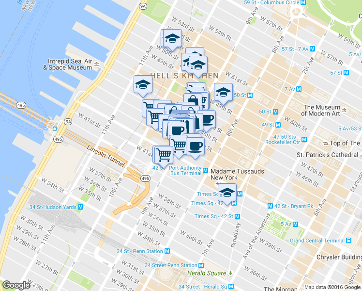 map of restaurants, bars, coffee shops, grocery stores, and more near in New York