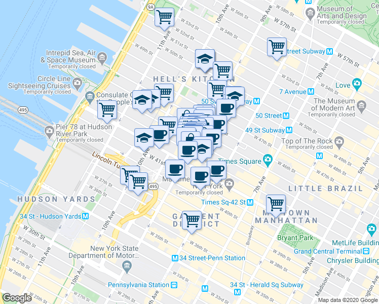 map of restaurants, bars, coffee shops, grocery stores, and more near in New York