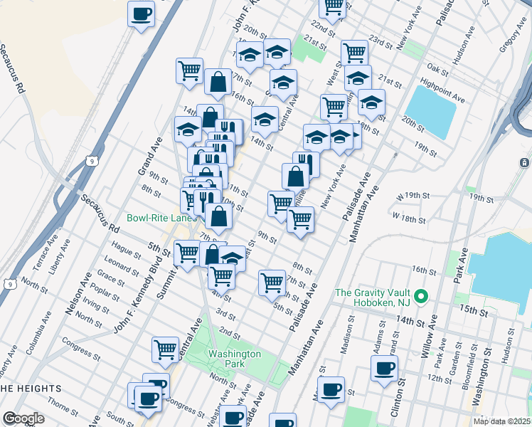map of restaurants, bars, coffee shops, grocery stores, and more near 611 11th Street in Union City