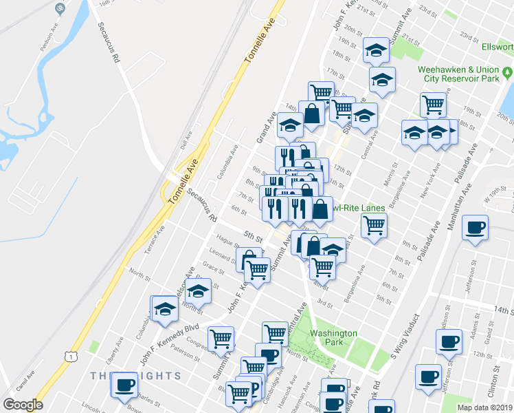 map of restaurants, bars, coffee shops, grocery stores, and more near 1212 7th Street in North Bergen