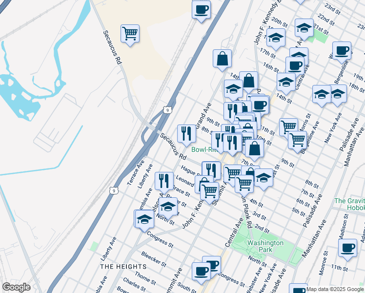 map of restaurants, bars, coffee shops, grocery stores, and more near 1517 6th Street in North Bergen