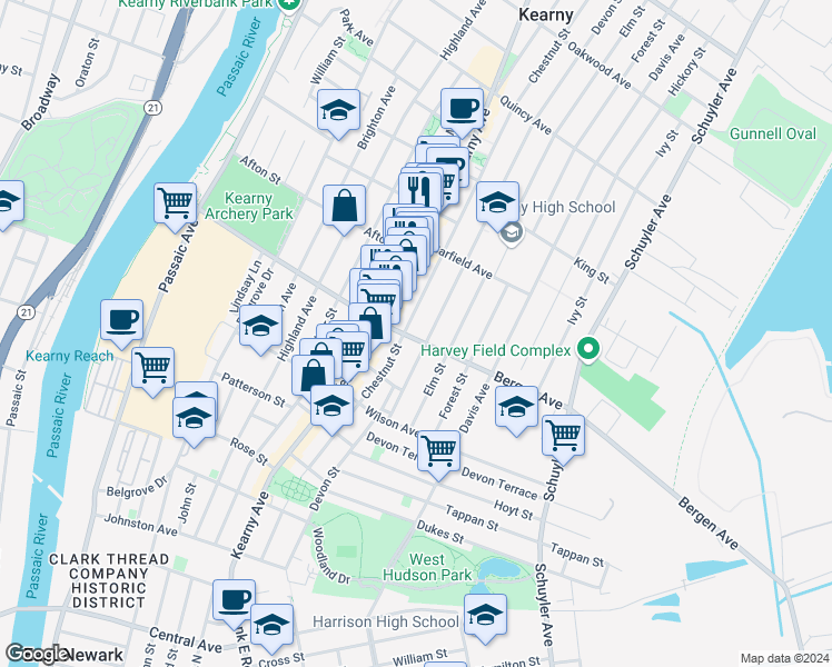map of restaurants, bars, coffee shops, grocery stores, and more near 219-221 Chestnut Street in Kearny