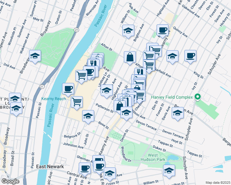 map of restaurants, bars, coffee shops, grocery stores, and more near 28 Brighton Avenue in Kearny