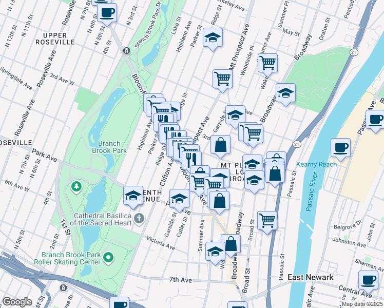 map of restaurants, bars, coffee shops, grocery stores, and more near 230 Garside Street in Newark