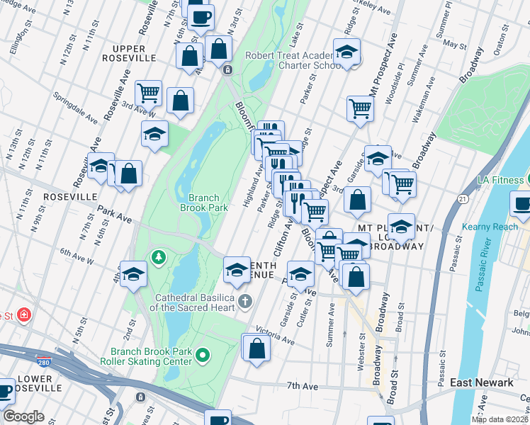 map of restaurants, bars, coffee shops, grocery stores, and more near 79 Highland Avenue in Newark