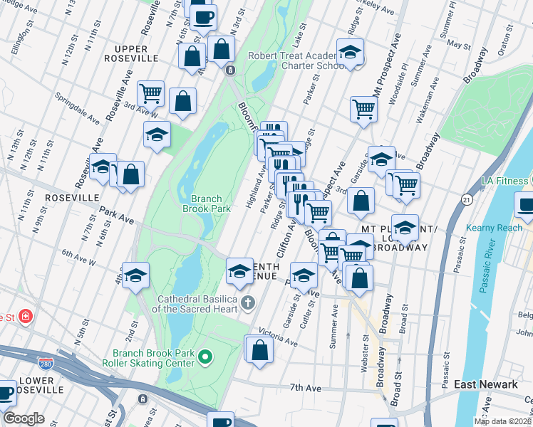 map of restaurants, bars, coffee shops, grocery stores, and more near 79 Highland Avenue in Newark