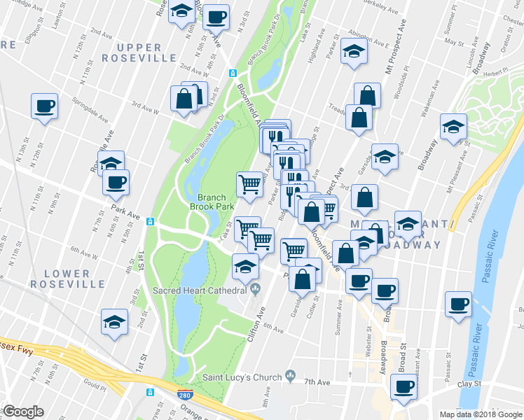 map of restaurants, bars, coffee shops, grocery stores, and more near 79 Highland Avenue in Newark