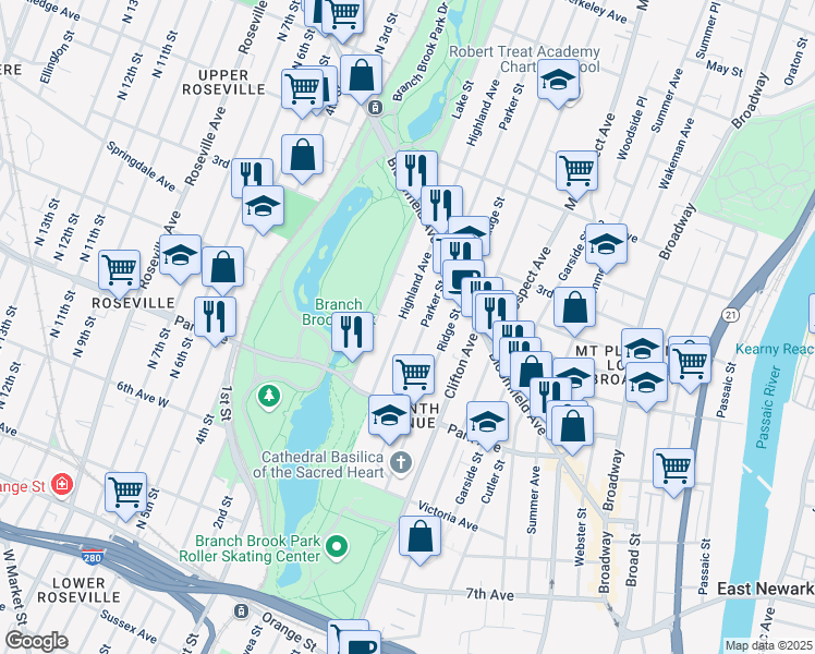 map of restaurants, bars, coffee shops, grocery stores, and more near 79 Highland Avenue in Newark