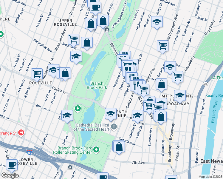 map of restaurants, bars, coffee shops, grocery stores, and more near 257 Lake Street in Newark