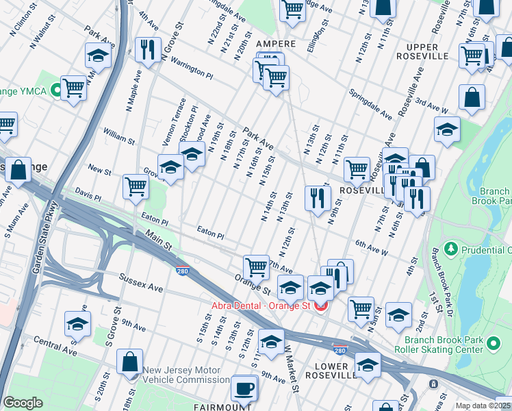 map of restaurants, bars, coffee shops, grocery stores, and more near 40 William Street in East Orange