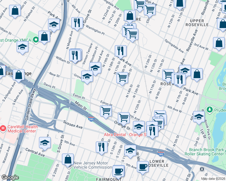 map of restaurants, bars, coffee shops, grocery stores, and more near 47 North 16th Street in East Orange