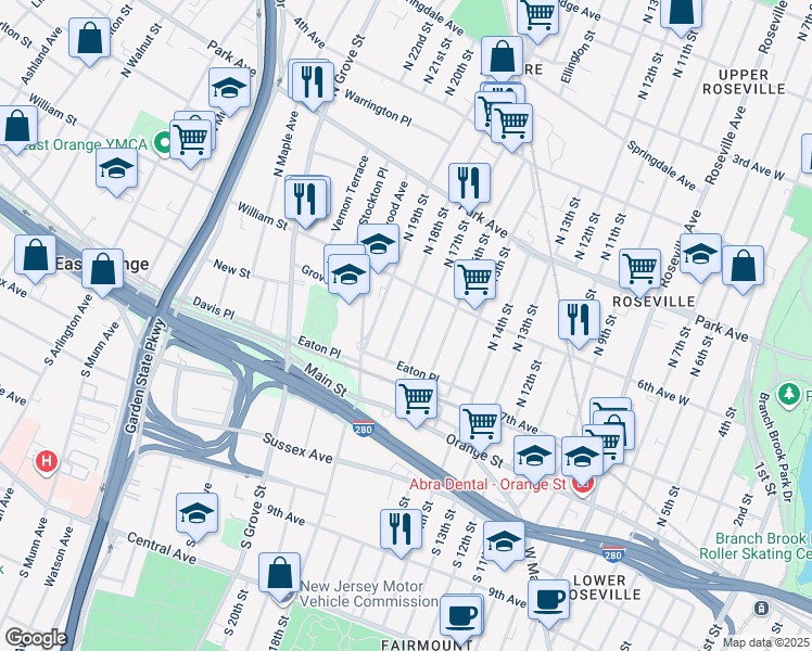 map of restaurants, bars, coffee shops, grocery stores, and more near 100 North 18th Street in East Orange