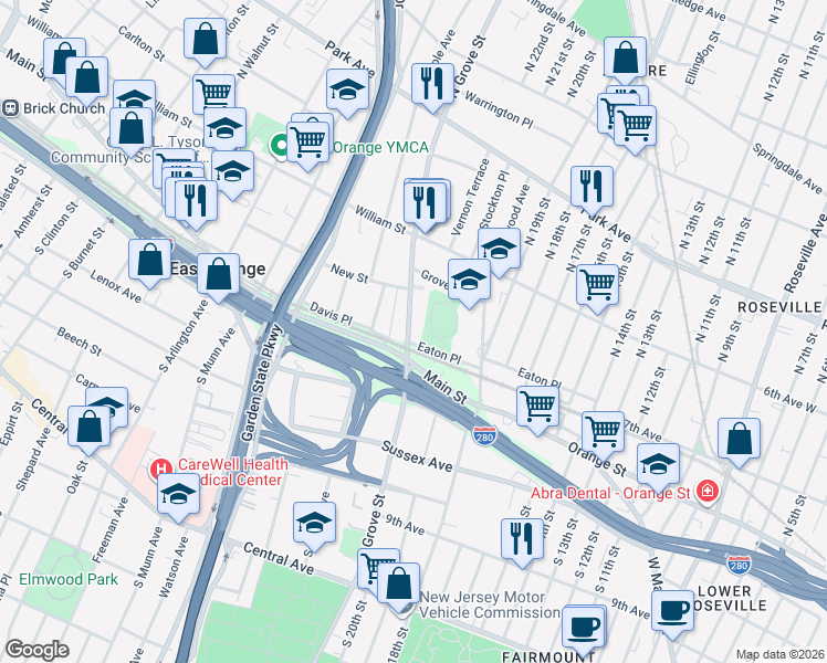 map of restaurants, bars, coffee shops, grocery stores, and more near 80 North Grove Street in East Orange