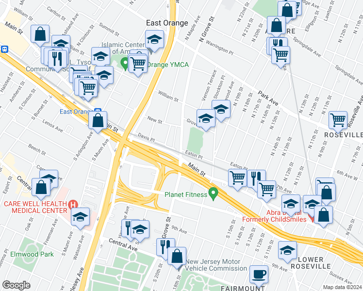 map of restaurants, bars, coffee shops, grocery stores, and more near 80 North Grove Street in East Orange