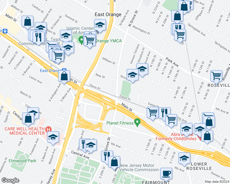 map of restaurants, bars, coffee shops, grocery stores, and more near 80 North Grove Street in East Orange