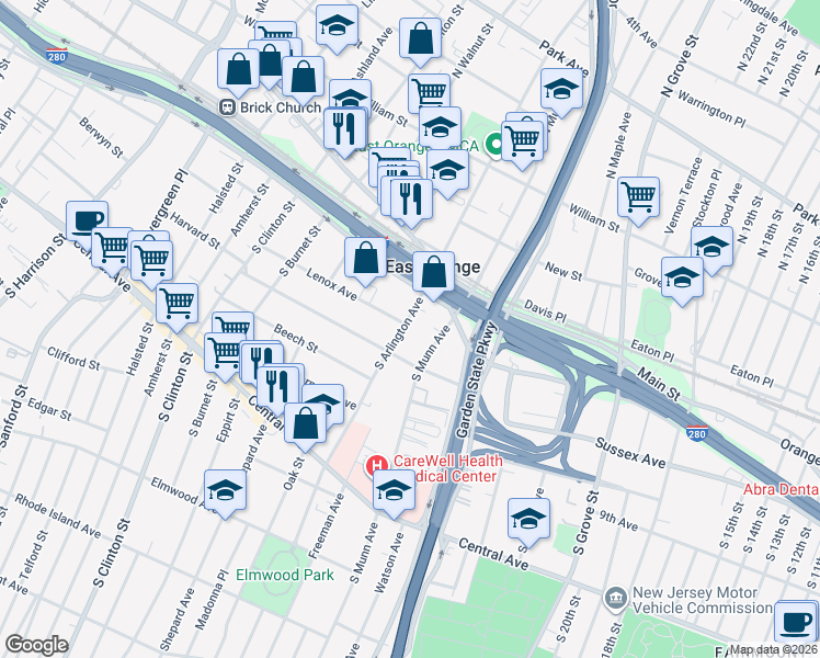 map of restaurants, bars, coffee shops, grocery stores, and more near 3 Lenox Avenue in East Orange