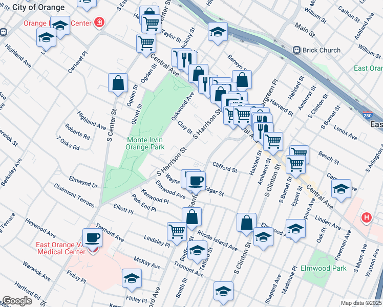 map of restaurants, bars, coffee shops, grocery stores, and more near 280 South Harrison Street in East Orange