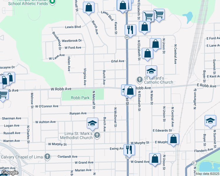 map of restaurants, bars, coffee shops, grocery stores, and more near 420 West Robb Avenue in Lima