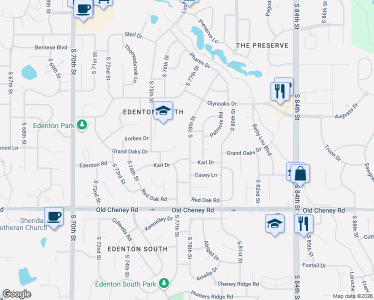 map of restaurants, bars, coffee shops, grocery stores, and more near 5344 South 78th Street in Lincoln