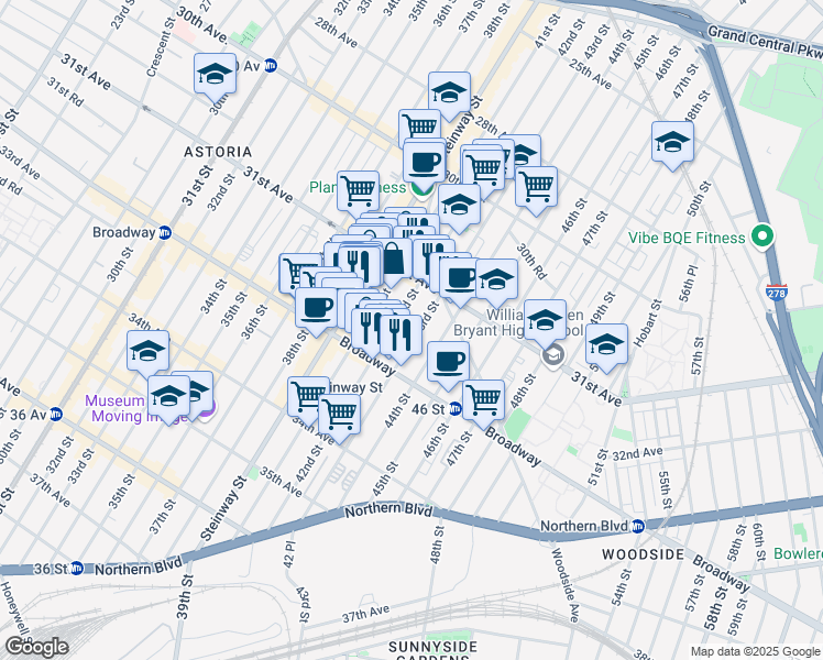 map of restaurants, bars, coffee shops, grocery stores, and more near 31-48 43rd Street in Queens