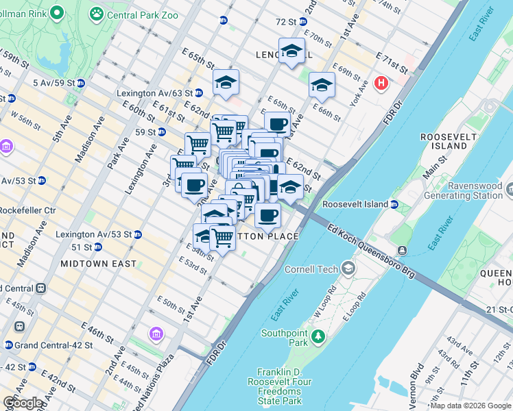 map of restaurants, bars, coffee shops, grocery stores, and more near 1072 1st Avenue in New York