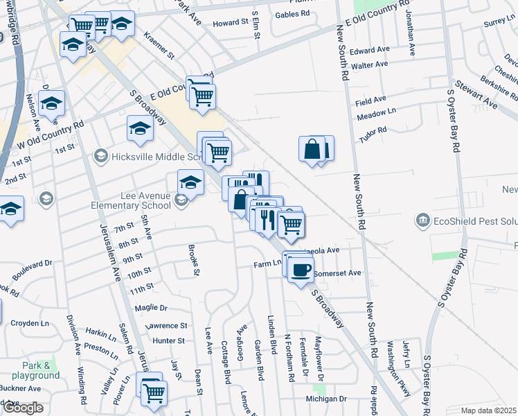 map of restaurants, bars, coffee shops, grocery stores, and more near 411 South Broadway in Hicksville