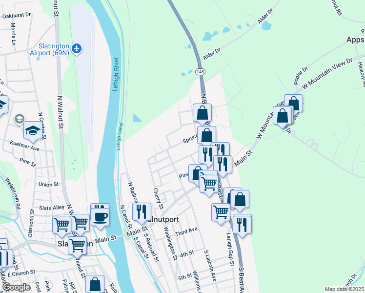 map of restaurants, bars, coffee shops, grocery stores, and more near 340 Spruce Street in Walnutport