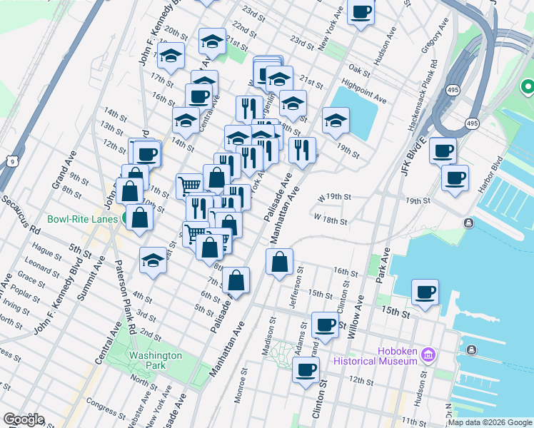 map of restaurants, bars, coffee shops, grocery stores, and more near 319 13th Street in Union City