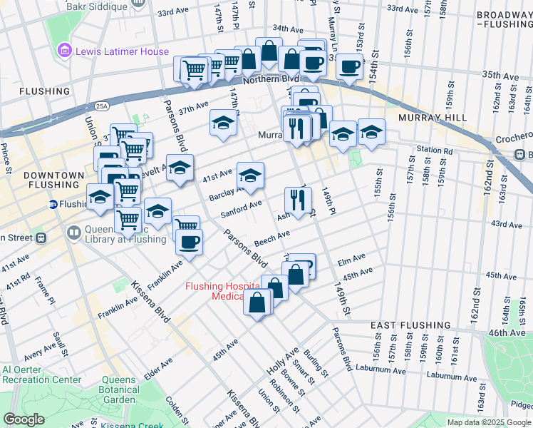 map of restaurants, bars, coffee shops, grocery stores, and more near 144-80 Sanford Avenue in Queens