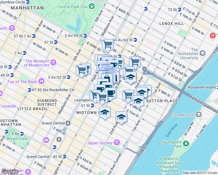 map of restaurants, bars, coffee shops, grocery stores, and more near 676 Lexington Avenue in New York