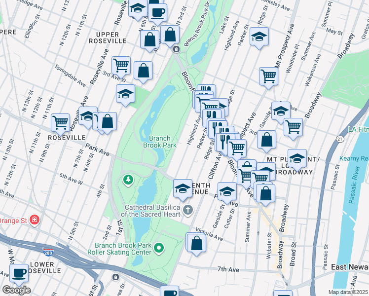 map of restaurants, bars, coffee shops, grocery stores, and more near 257 Lake Street in Newark