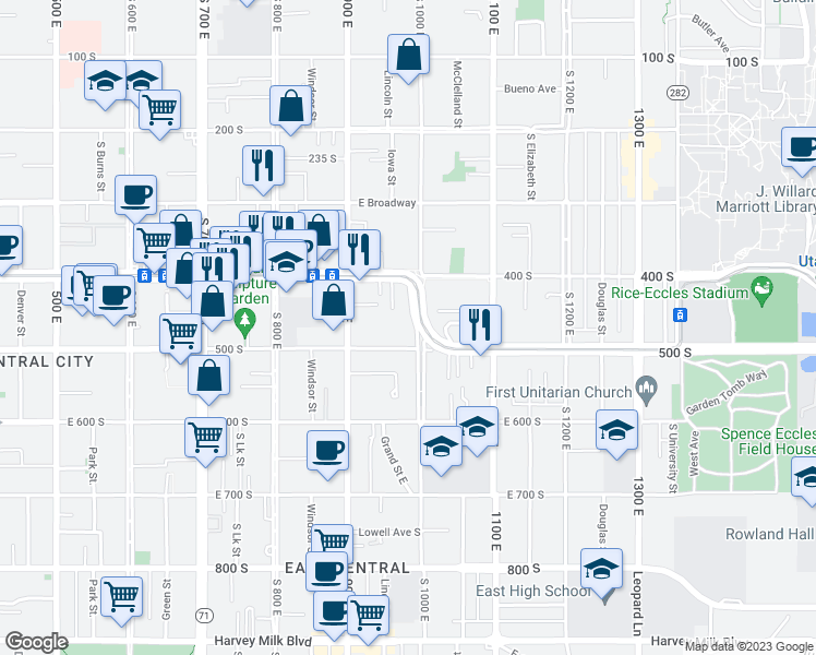 map of restaurants, bars, coffee shops, grocery stores, and more near 460 S 10th E in Salt Lake City