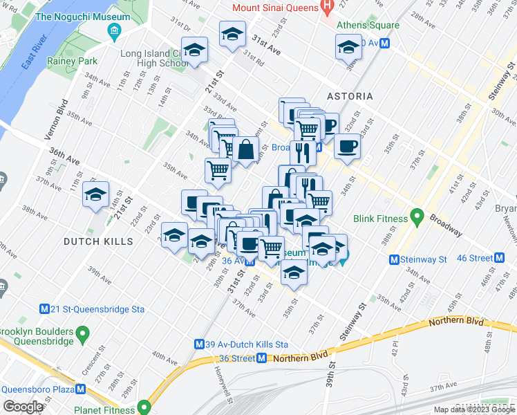 map of restaurants, bars, coffee shops, grocery stores, and more near 34-34 30th Street in Queens