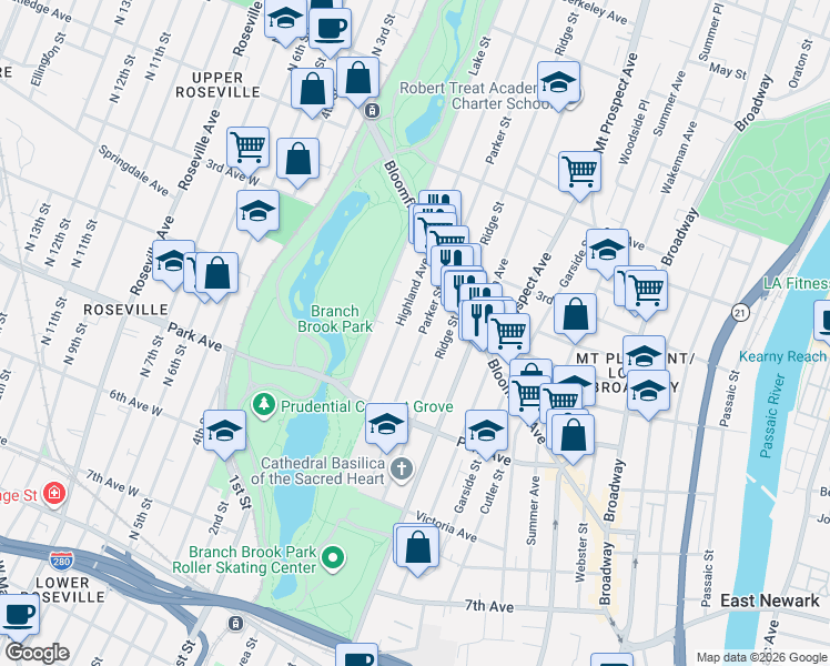 map of restaurants, bars, coffee shops, grocery stores, and more near 79 Highland Avenue in Newark