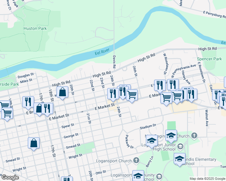 map of restaurants, bars, coffee shops, grocery stores, and more near 2317 North St in Logansport