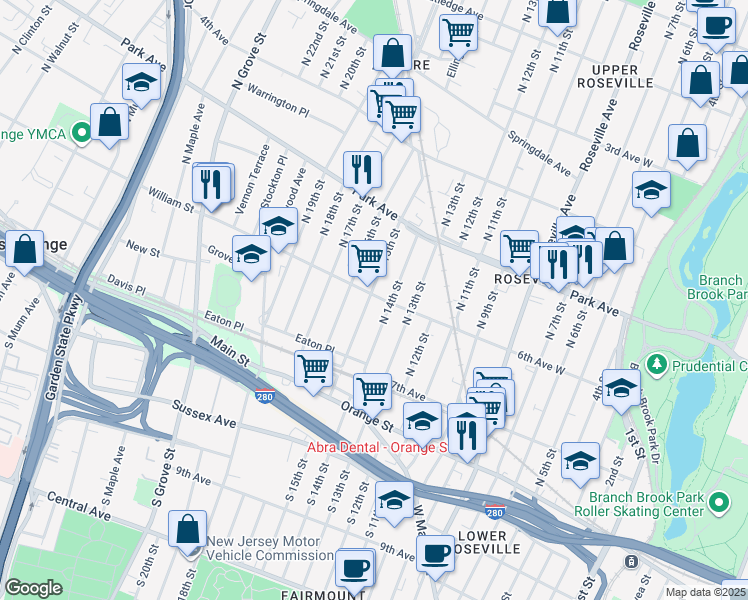 map of restaurants, bars, coffee shops, grocery stores, and more near 17 William Street in East Orange