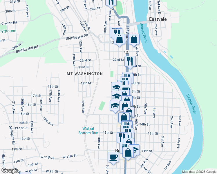 map of restaurants, bars, coffee shops, grocery stores, and more near 1701 8th Avenue in Beaver Falls