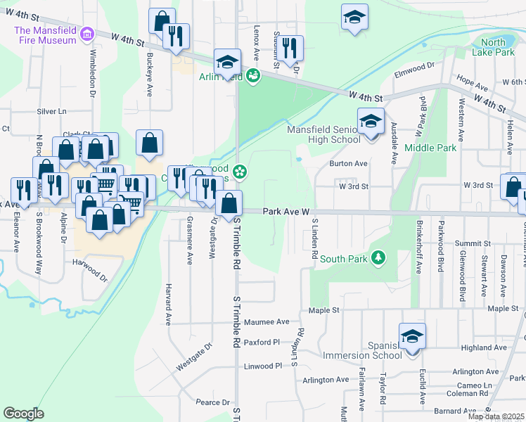 map of restaurants, bars, coffee shops, grocery stores, and more near 900 Park Avenue West in Mansfield