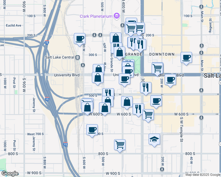 map of restaurants, bars, coffee shops, grocery stores, and more near 400 S 500 W in Salt Lake City