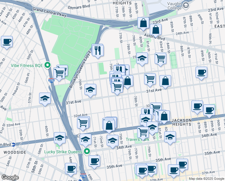 map of restaurants, bars, coffee shops, grocery stores, and more near 30-30 75th Street in Queens