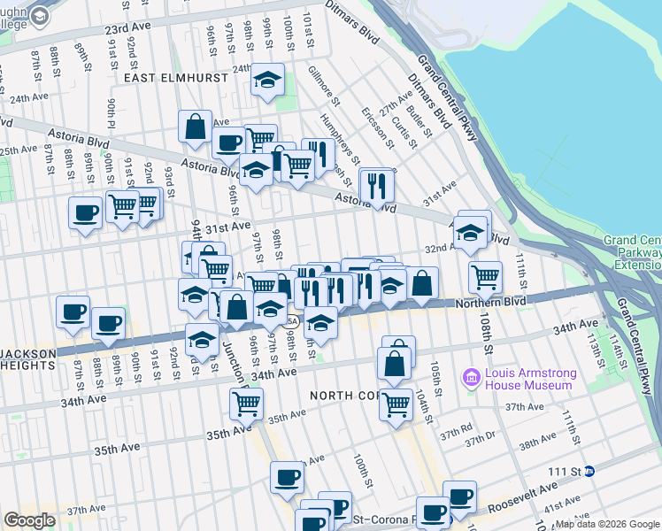 map of restaurants, bars, coffee shops, grocery stores, and more near 100-10 32nd Avenue in Queens