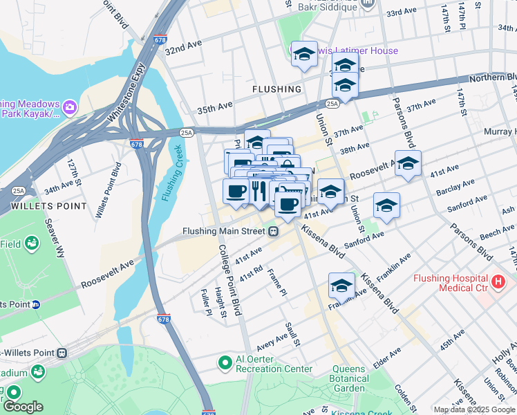 map of restaurants, bars, coffee shops, grocery stores, and more near 39-16 Prince Street in Queens