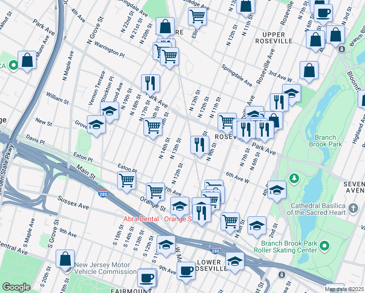 map of restaurants, bars, coffee shops, grocery stores, and more near 113 North 13th Street in Newark