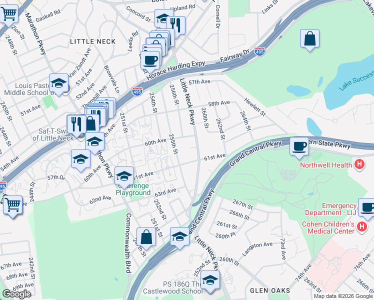 map of restaurants, bars, coffee shops, grocery stores, and more near 60-24 Little Neck Parkway in Queens
