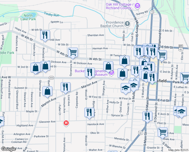 map of restaurants, bars, coffee shops, grocery stores, and more near 252 Park Avenue West in Mansfield
