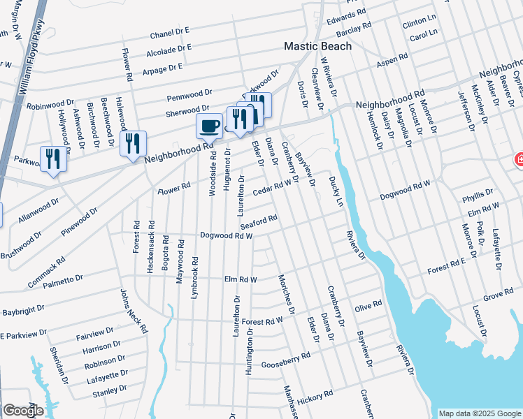 map of restaurants, bars, coffee shops, grocery stores, and more near 12 Orient Road in Mastic Beach