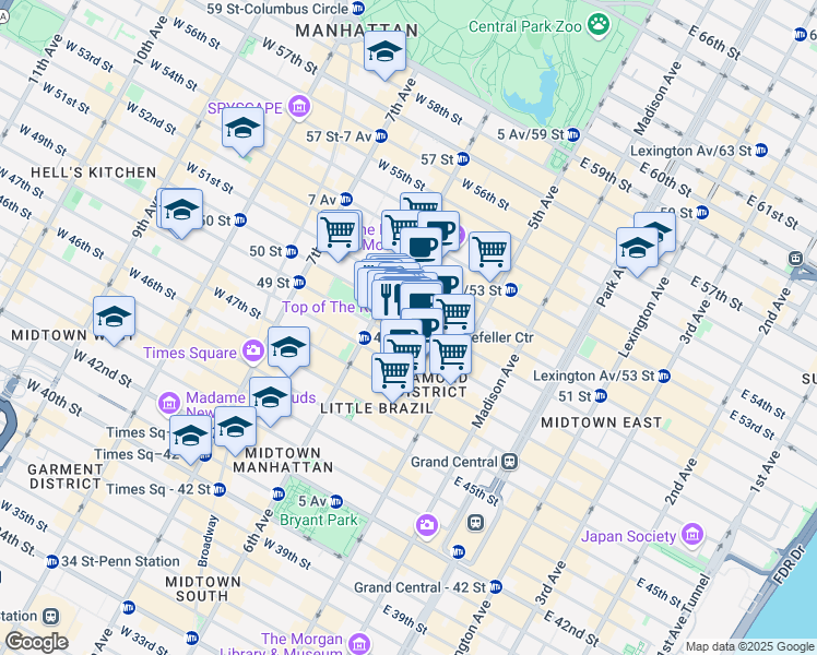 map of restaurants, bars, coffee shops, grocery stores, and more near 50 West 50th Street in New York