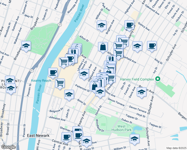 map of restaurants, bars, coffee shops, grocery stores, and more near 28 Brighton Avenue in Kearny
