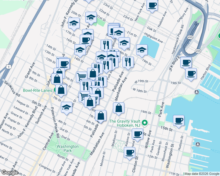 map of restaurants, bars, coffee shops, grocery stores, and more near 319 13th Street in Union City