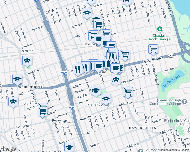 map of restaurants, bars, coffee shops, grocery stores, and more near 20965 Northern Boulevard in Queens